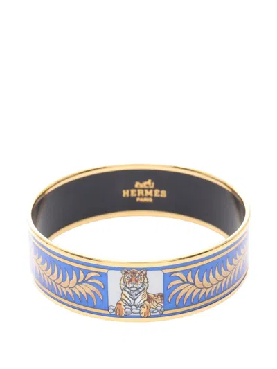 Pre-owned Hermes 1990-2010 Wide Enamel Tiger Cloisonne Bangle Gm Costume Bracelet In Blue