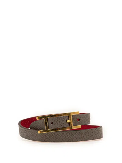 Pre-owned Hermes 1990-2015 Epsom Behapi Double Tour Bracelet Costume Bracelet In Gray