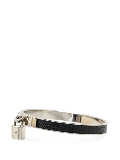 Pre-owned Hermes 1990-2015 Leather Kelly Cadena Lock Bangle Bracelet Costume Bracelet In Black