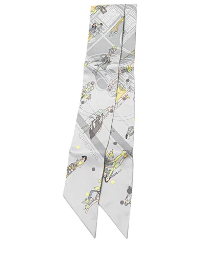 Pre-owned Hermes 1990-2024 Ex-libris Les Parisiennes Twilly Silk Scarf Scarves In 灰色