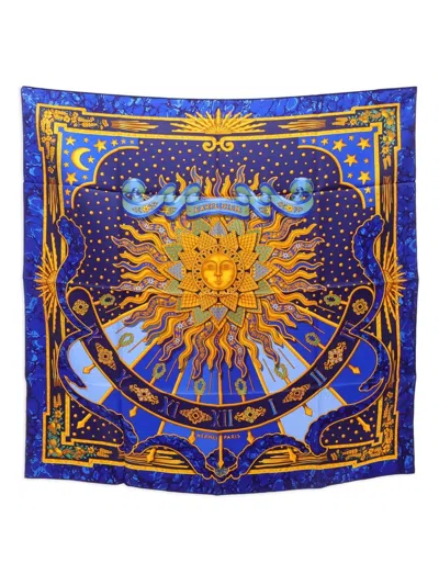 Pre-owned Hermes 1990 Carpe Diem 90 Scarf In Blue
