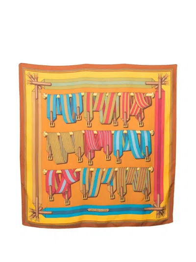 Pre-owned Hermes 1990 Les Sangles Silk Scarf In Orange