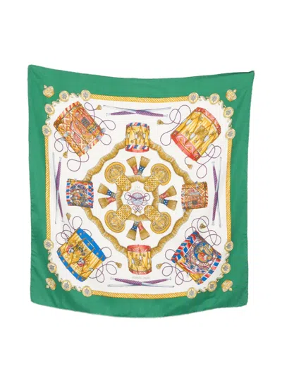 Pre-owned Hermes 1990 Patterned Silk Scarf In Green