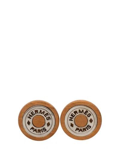 Pre-owned Hermes 1990-1998 Wood And Palladium Sellier Clip On Earrings Costume Earrings In Brown