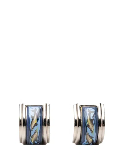 Pre-owned Hermes 1990-2000 Enamel Dolphin In Sea Cloisonne Clip On Earrings Costume Earrings In Blue
