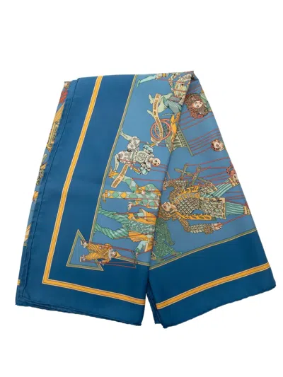 Pre-owned Hermes 1990-2000 Le Temps Des Marionnettes Silk Scarf 90 Scarves In Blue