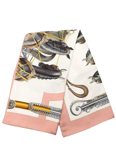 Pre-owned Hermes 1990-2010 Attelage En Arbalète Silk Scarf 90 Scarves In White