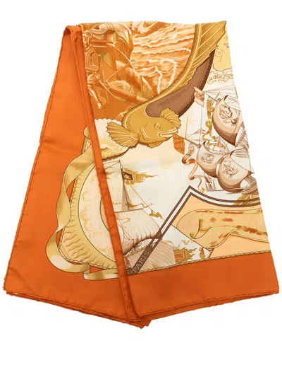 Pre-owned Hermes 1990-2010 Au Dela Des Cinq Mers Silk Scarf 90 Scarves In Neutrals