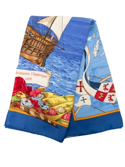 Pre-owned Hermes 1990-2010 Christophe Colomb Decouvre L Amerique Silk Scarf 90 Scarves In Blue