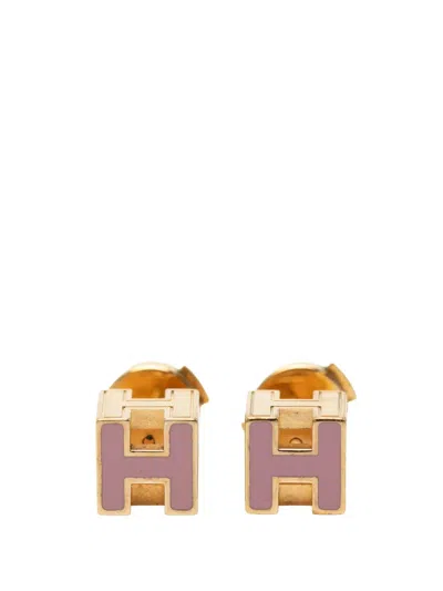 Pre-owned Hermes 1990-2010 Gold Plated Enamel Cage Dh Cube Push Back Earrings Costume Earrings In Purple