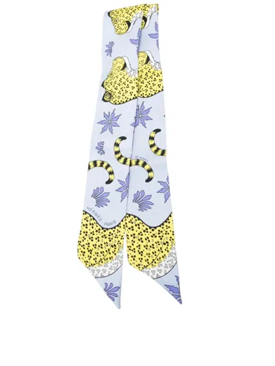 Pre-owned Hermes 1990-2010 Les Leopards Silk Twilly Scarf Scarves In Blue