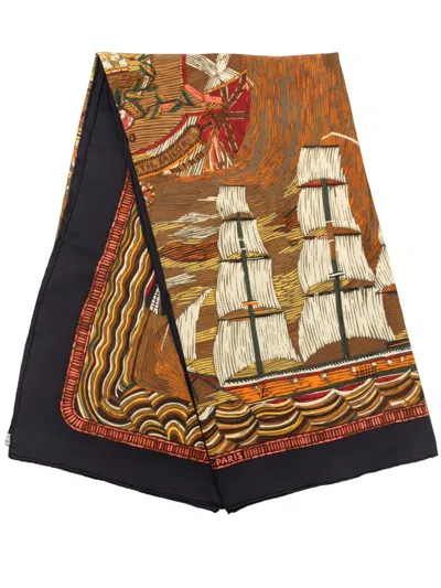Pre-owned Hermes 1990-2010 Marine Naive Silk Scarf 90 Scarves In Brown