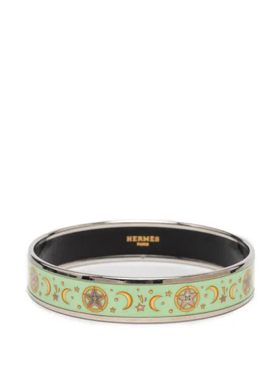 Pre-owned Hermes 1990-2010 Narrow Enamel Moon And Stars Bangle 70 Costume Bracelet In Green