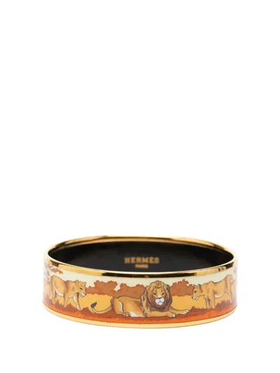 Pre-owned Hermes 1990-2010 Wide Enamel Pride Of Lions Bangle 62 Costume Bracelet In Gold