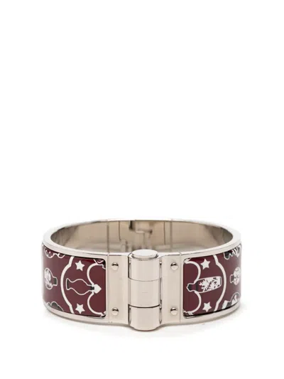 Pre-owned Hermes 1990-2010 Wide Enamel Tropical Club Flacons Bandana Hinged Bangle 60 Costume Bracelet In Red