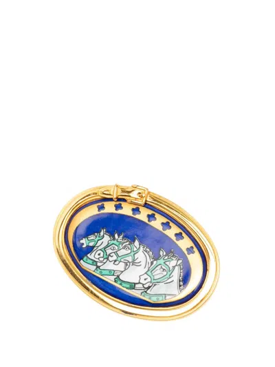 Pre-owned Hermes 1990-2020 Enamel Chevaux Pin Brooch Costume Brooch In Blue