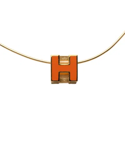 Pre-owned Hermes 1990-2020 Gold Plated And Enamel Cage D H Pendant Necklace Costume Necklace