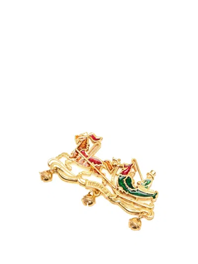 Pre-owned Hermes 1990-2020 Gold Plated And Enamel Christmas Carriage Brooch Costume Brooch