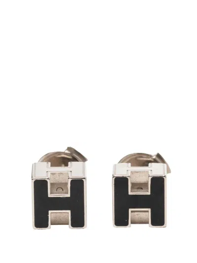 Pre-owned Hermes 1990-2020 Palladium Plated Enamel Cage D H Push Back Earrings Costume Earrings In Silver