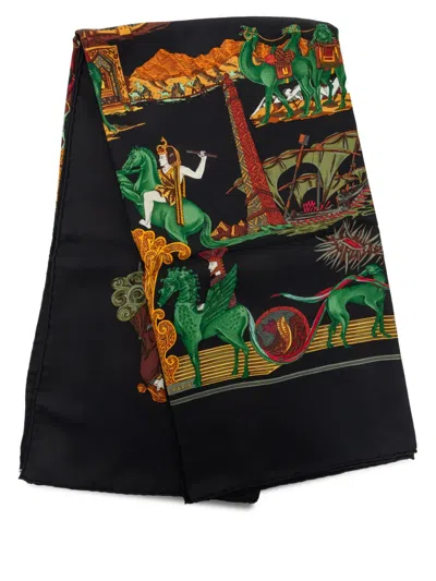 Pre-owned Hermes 1990-2026 Au Fil De La Soie Silk Scarf 90 Scarves In Black
