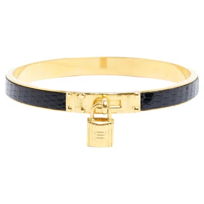 Pre-owned Hermes Hermès 1990s Bracelet Kelly Black Leather Golden Metal Bracelet Bangle
