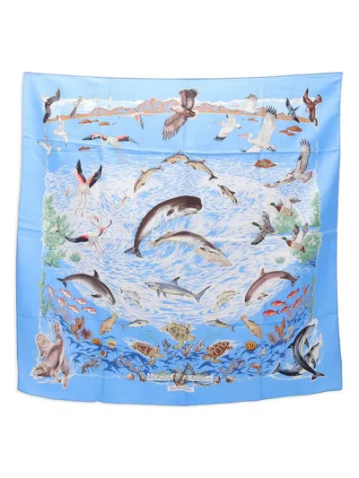 Pre-owned Hermes 1990s Eagle-print Silk Scarf In Blue