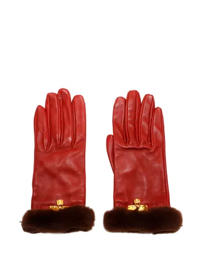 Pre-owned Hermes 1990s Leather Fur-cuff Gloves In Red