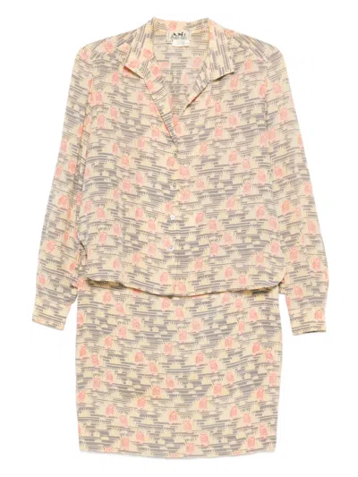 Pre-owned Hermes 1990s Patterned Silk Skirt Suit In Yellow