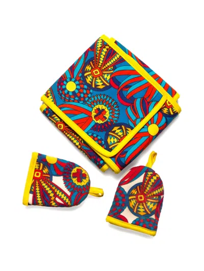 Pre-owned Hermes 1990s Printed Cotton Egg And Toast Set In Blue