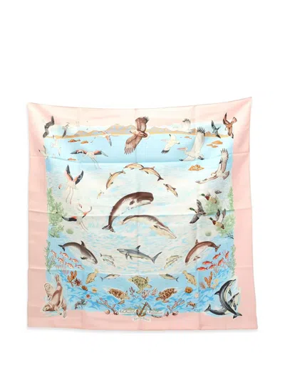 Pre-owned Hermes 1990s Printed Silk Scarf In Blue