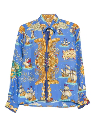 Pre-owned Hermes 1990s Silk Printed Shirt In Blue