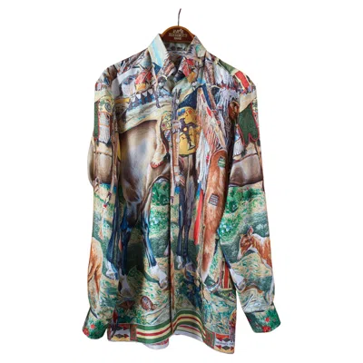 Pre-owned Hermes Hermès - 1990s Vintage Silk Shirt 'les Cheyennes', Excellent Condition In Gray