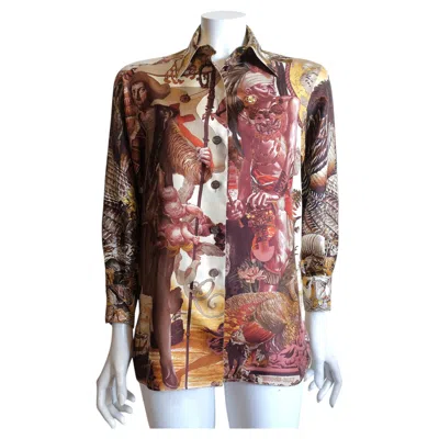 Pre-owned Hermes Hermès - 1990s Women's Silk Shirt With Iconic Oliver Kermit Prints In Brown