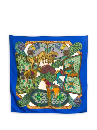 Pre-owned Hermes 1991 Art Des Steppes Graphic-print Silk Scarf In Blue