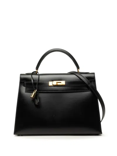 Pre-owned Hermes 1991 Box Calf Kelly Sellier 32 Satchel In Black