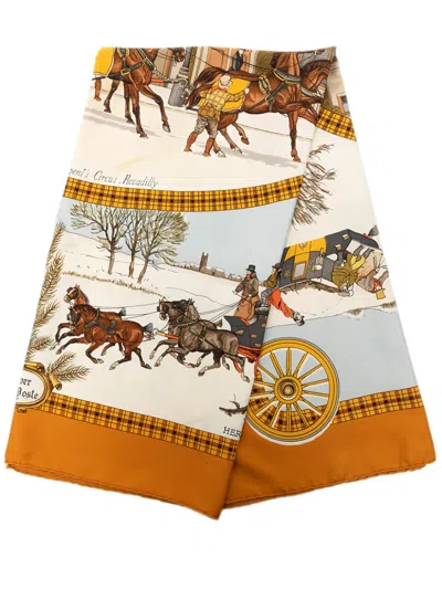 Pre-owned Hermes 1992-2000 L Hiver En Poste Silk Scarf 90 Scarves In Brown
