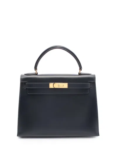 Pre-owned Hermes 1993 Box Calf Kelly I Sellier 28 Handbag In Blue