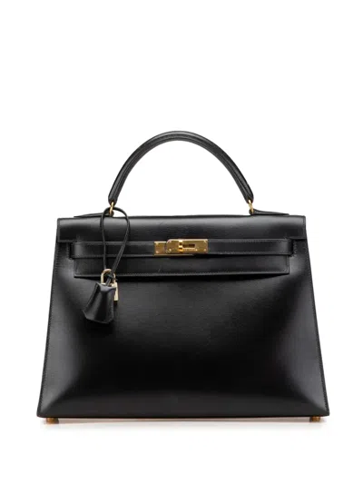 Pre-owned Hermes 1993 Box Calf Kelly Sellier 32 Satchel In Black