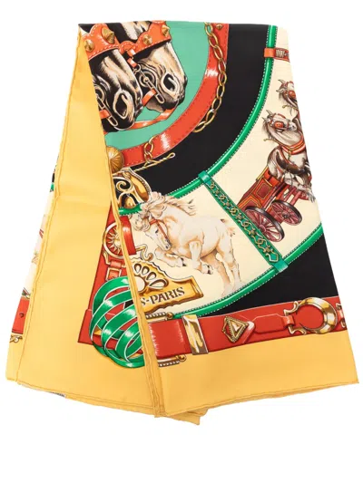Pre-owned Hermes 1993 Chevaux De Trait Silk Scarf 90 Scarves In Yellow
