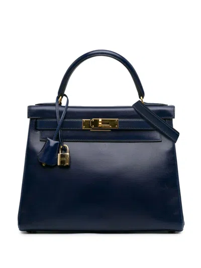 Pre-owned Hermes 1994 Box Calf Kelly Retourne 28 Satchel In Blue