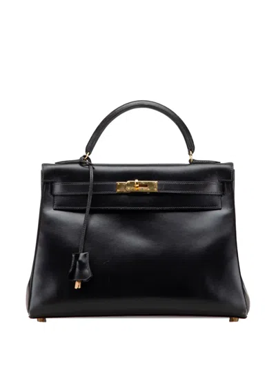 Pre-owned Hermes 1994 Box Calf Kelly Retourne 32 Satchel In Black