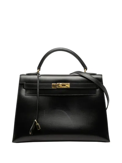 Pre-owned Hermes 1994 Box Calf Kelly Sellier 32 Satchel In Black