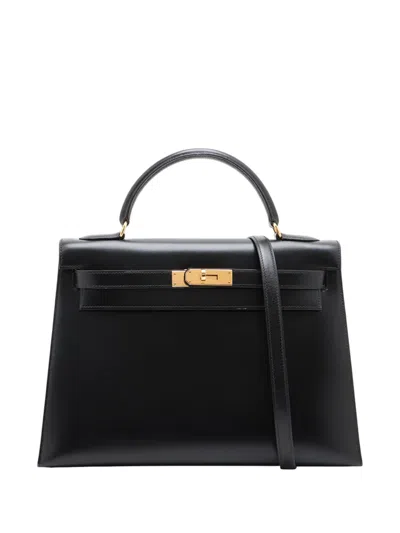 Pre-owned Hermes 1994 Box Calf Kelly Sellier 32 Satchel In Black