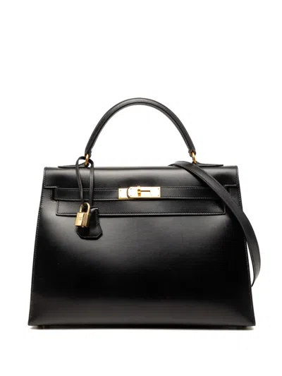 Pre-owned Hermes 1994 Box Calf Kelly Sellier 32 Satchel In Black