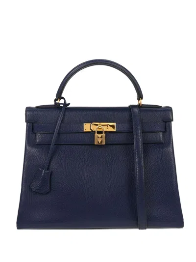 Pre-owned Hermes 1995 32 Kelly Leather Tote Bag In Blue