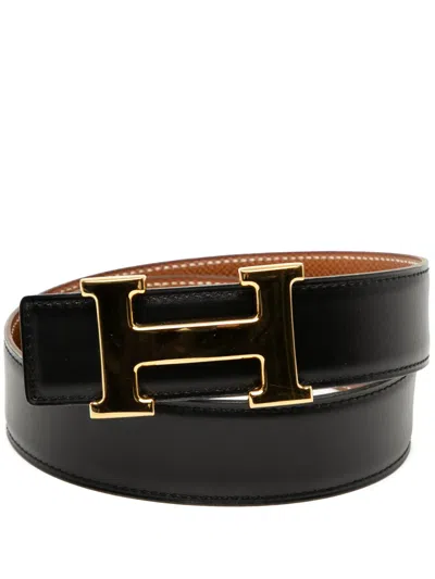 Pre-owned Hermes 1995 Box Calf And Courchevel Constance H Reversible Belt In Black