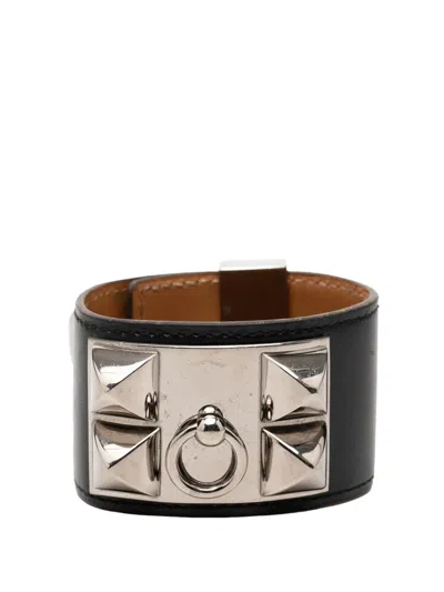 Pre-owned Hermes 1995 Swift Leather And Palladium Plated Collier De Chien Bracelet Costume Bracelet In Black