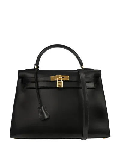 Pre-owned Hermes 1996 32 Kelly Sellier Two-way Leather Handbag In Black