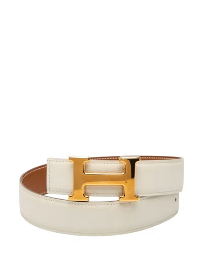 Pre-owned Hermes 1996 Box Calf And Courchevel Constance H Reversible Belt In 白色