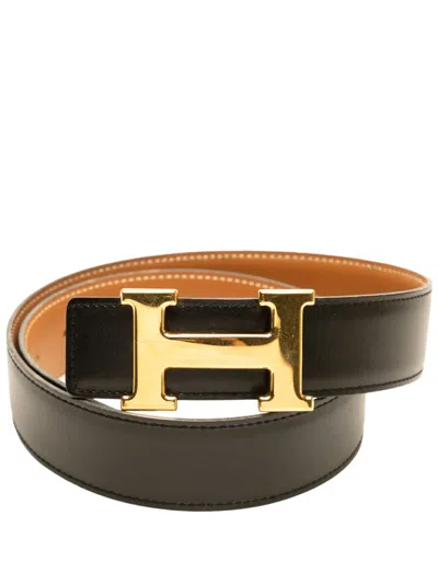 Pre-owned Hermes 1996 Box Calf And Gulliver Constance H Belt In Black